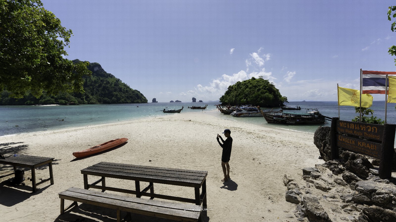 ชายหาดทรายขาวและน้ำทะเลใสมีต้นไม้เงาเหนือศีรษะ